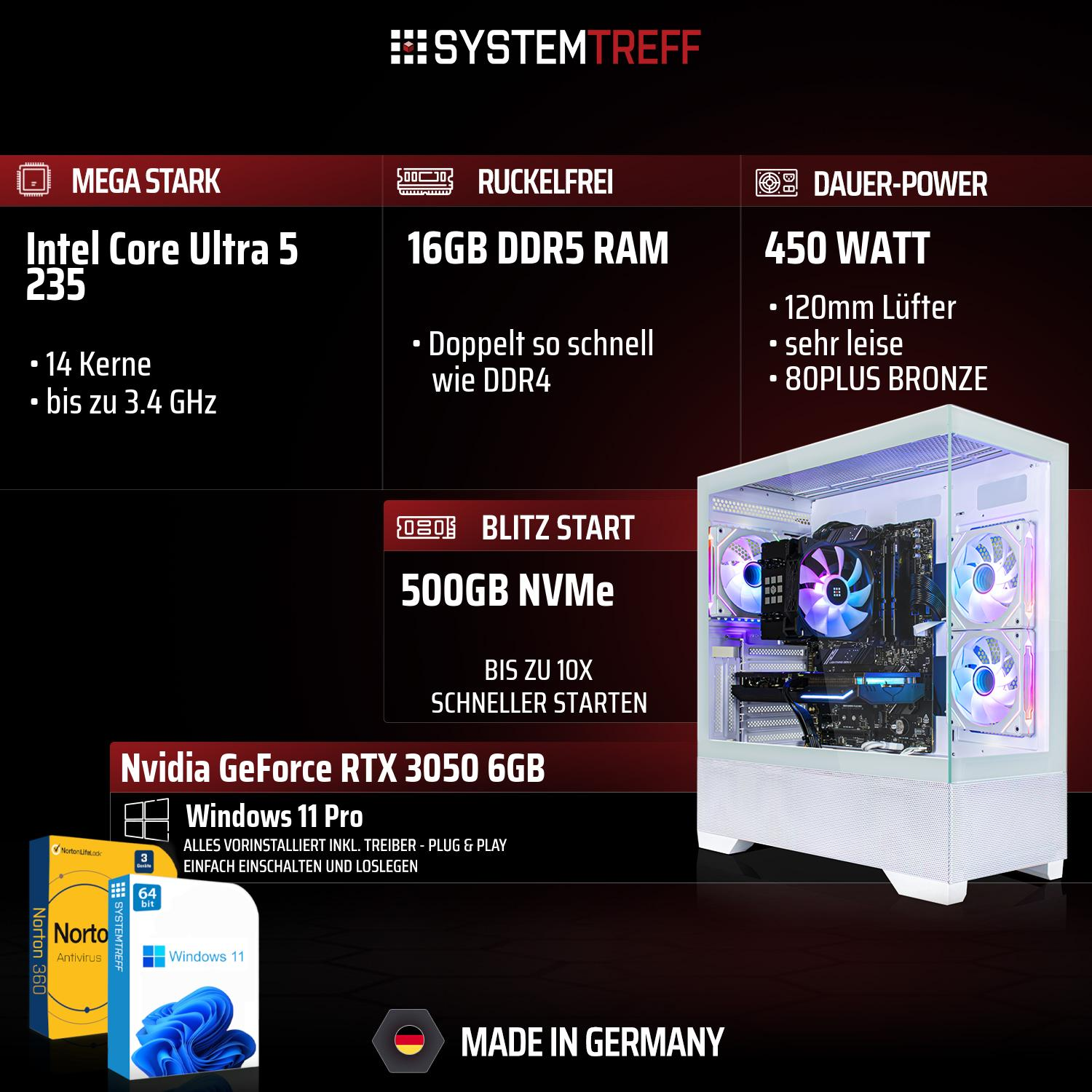 Werbebild für einen Gaming-PC mit Intel Core Ultra 5, 16GB RAM, Nvidia GeForce RTX 3050 und Windows 11 Pro.