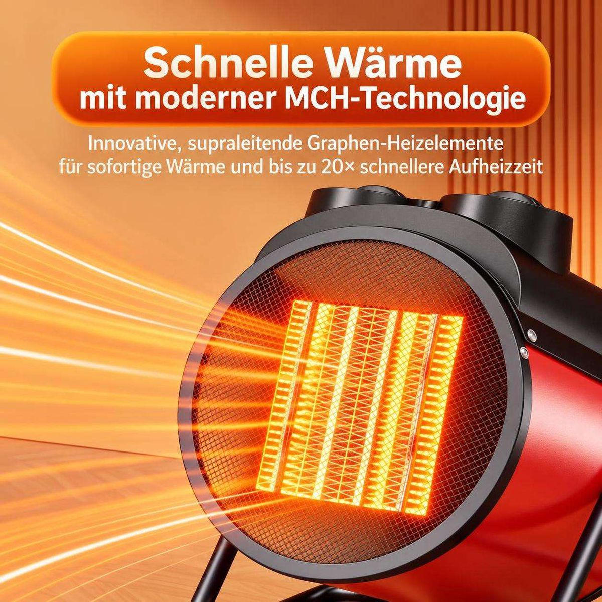 Heizlüfter mit roten und schwarzen Elementen strahlt helle Wärme aus, im Hintergrund deutscher Werbetext.
