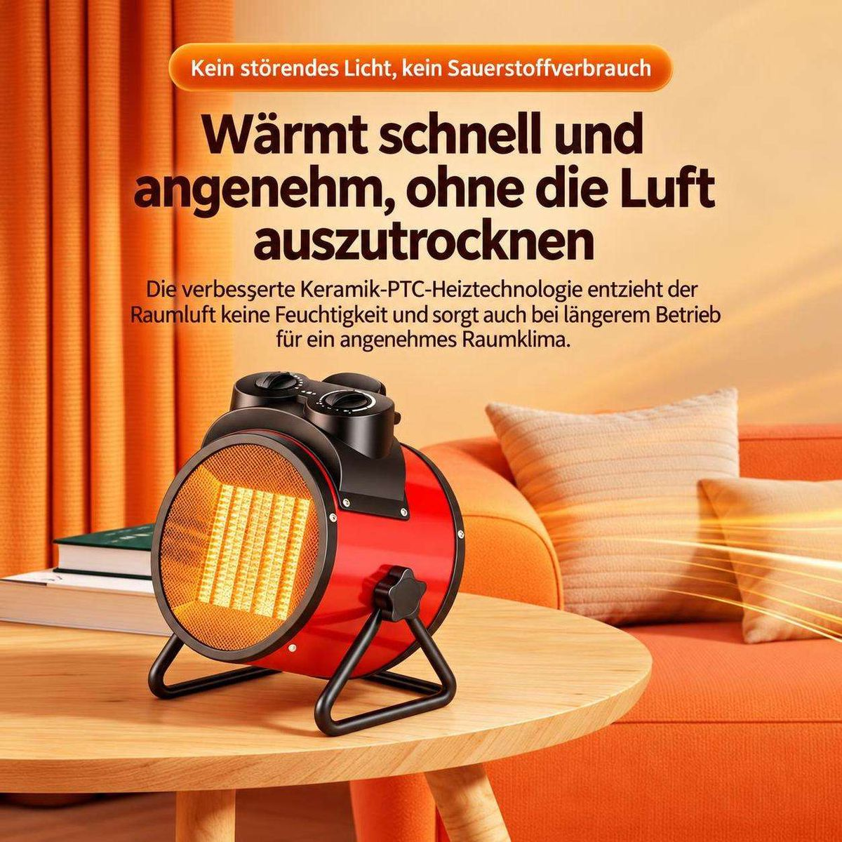 Roter elektrischer Heizlüfter auf einem Holztisch mit Kissen und Vorhängen im Hintergrund.