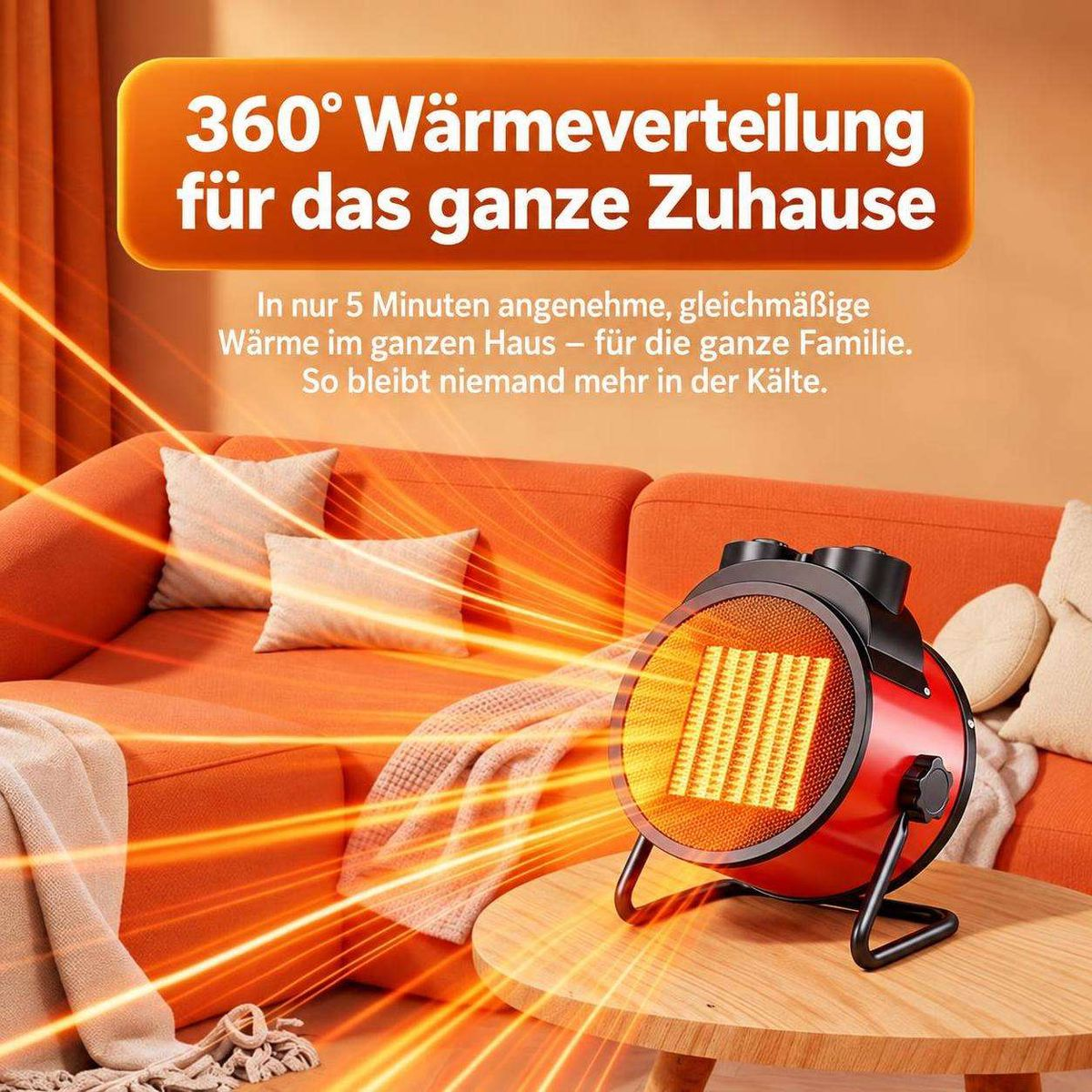 Ein roter Heizlüfter auf einem Holztisch strahlt Wärme in ein gemütliches Wohnzimmer ab.