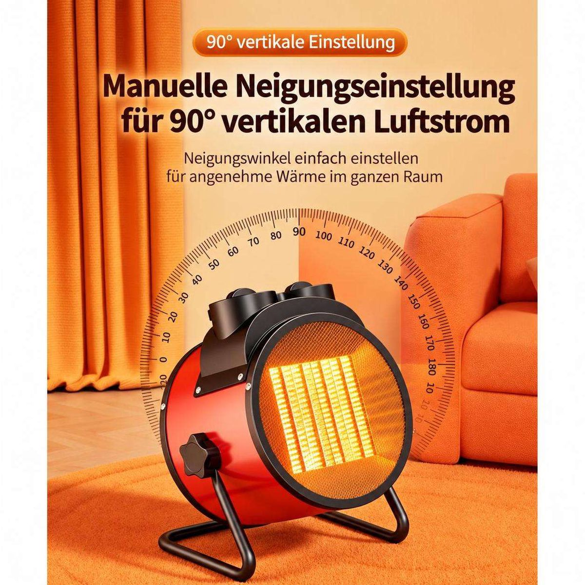 Roter Heizlüfter mit 90-Grad-Neigungsskala vor orangefarbenem Hintergrund mit Text.