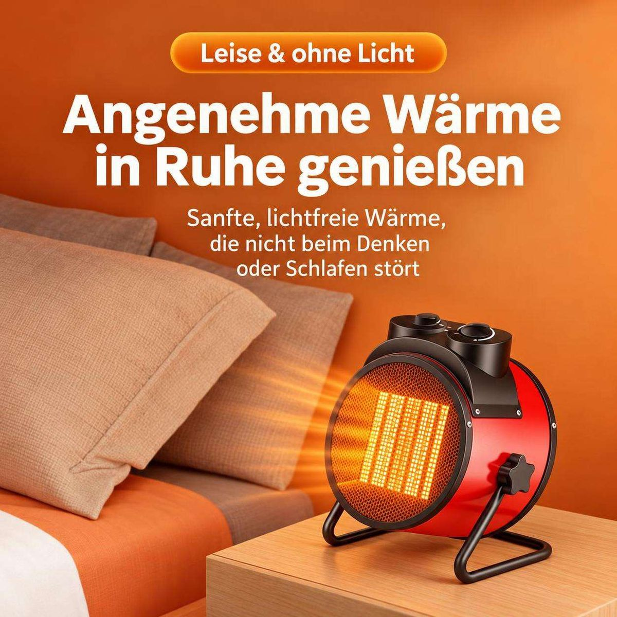 Roter Heizlüfter auf Nachttisch neben Bett mit deutschen Texten oben.