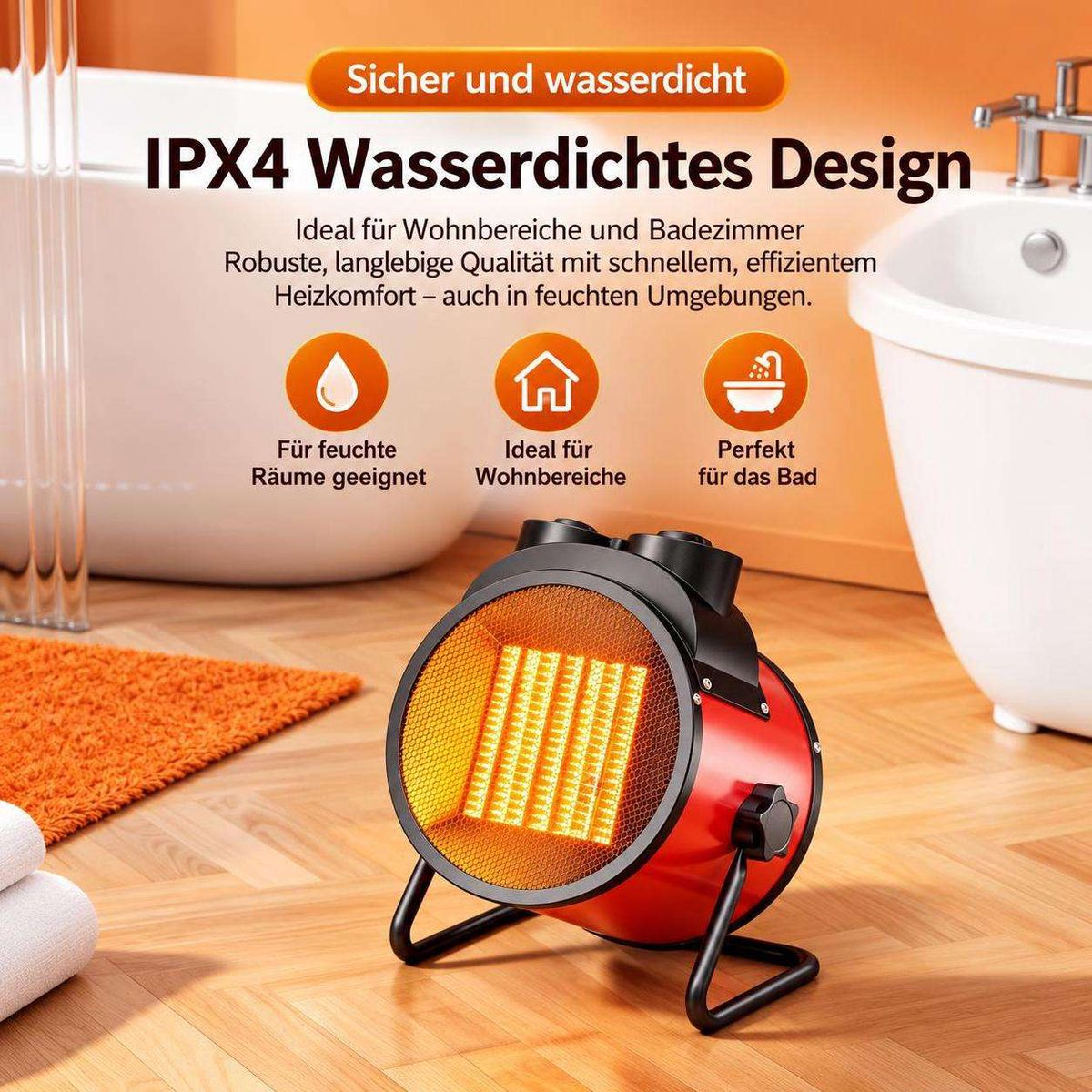 Ein runder roter und schwarzer Heizlüfter steht auf einem Holzboden in einem Badezimmer mit Text über IPX4 Wasserdichtigkeit.