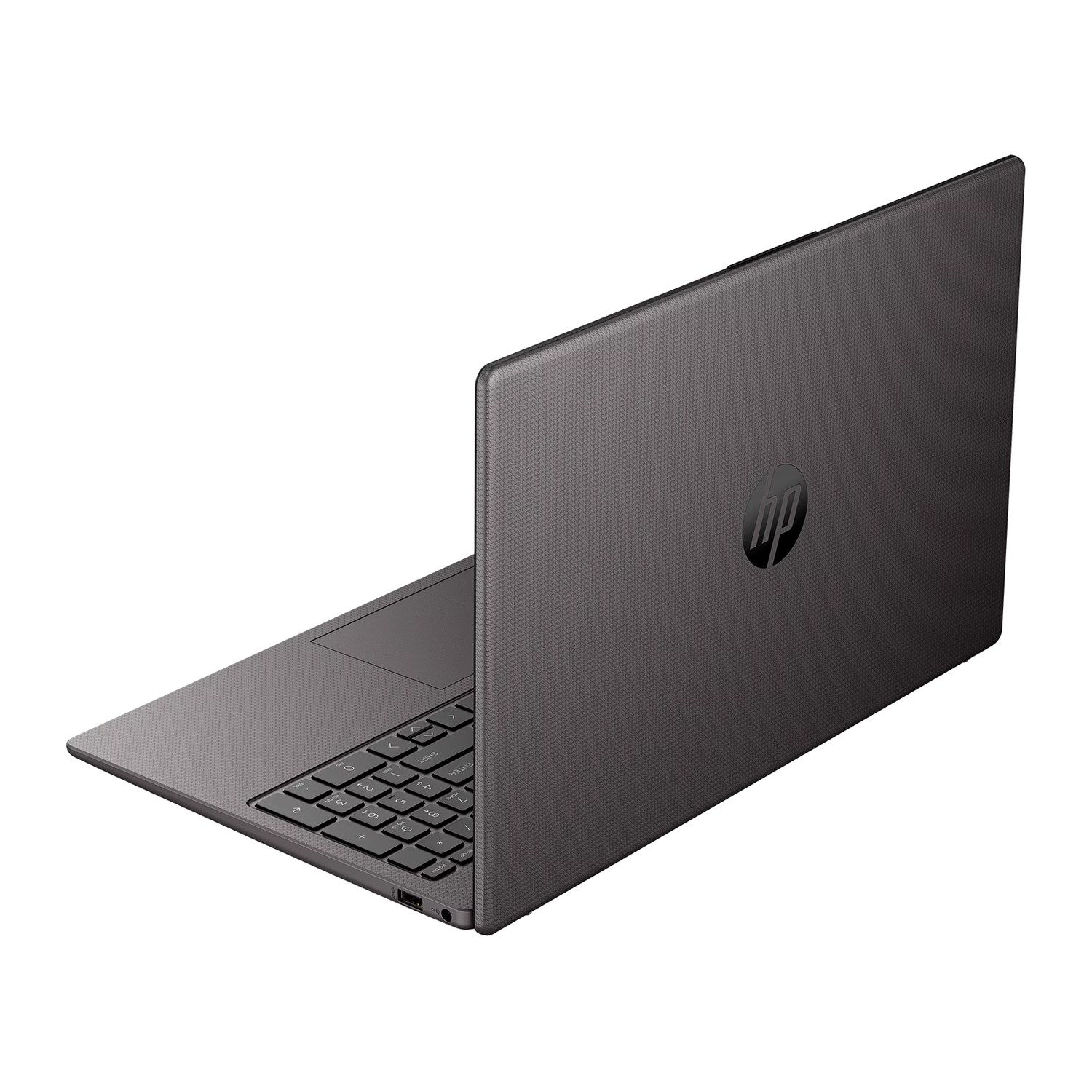 Ein grauer HP-Laptop steht auf einer weißen Oberfläche und zeigt die Rückseite und Tastatur.