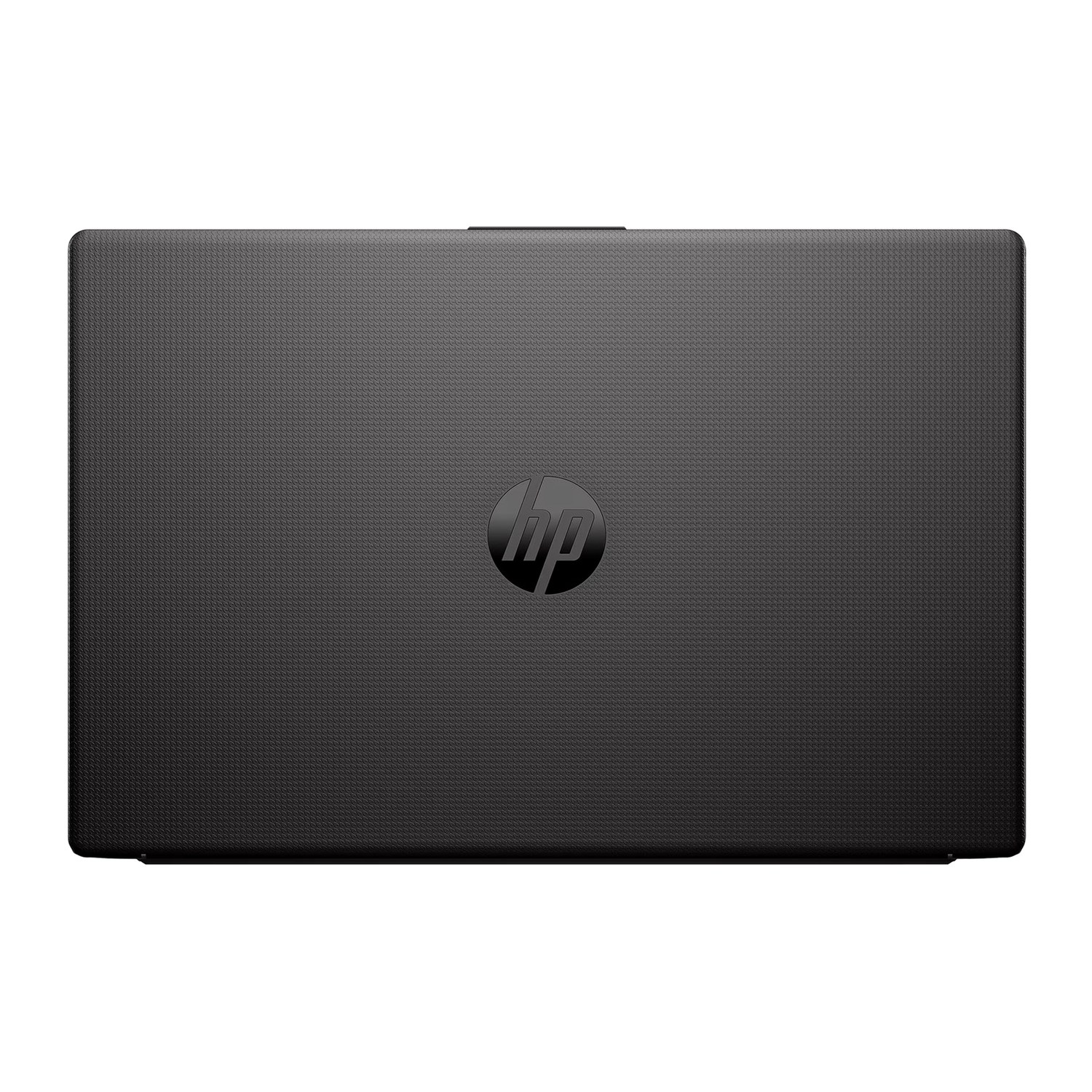 Geschlossener schwarzer HP-Laptop mit strukturiertem Gehäuse und zentriertem Logo auf hellem Hintergrund.