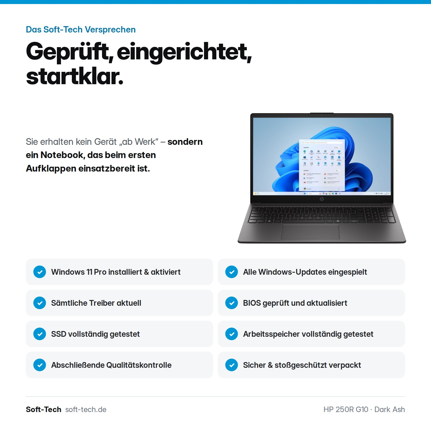 Werbegrafik für ein HP Notebook mit vorinstalliertem Windows 11 und weiteren Serviceleistungen.