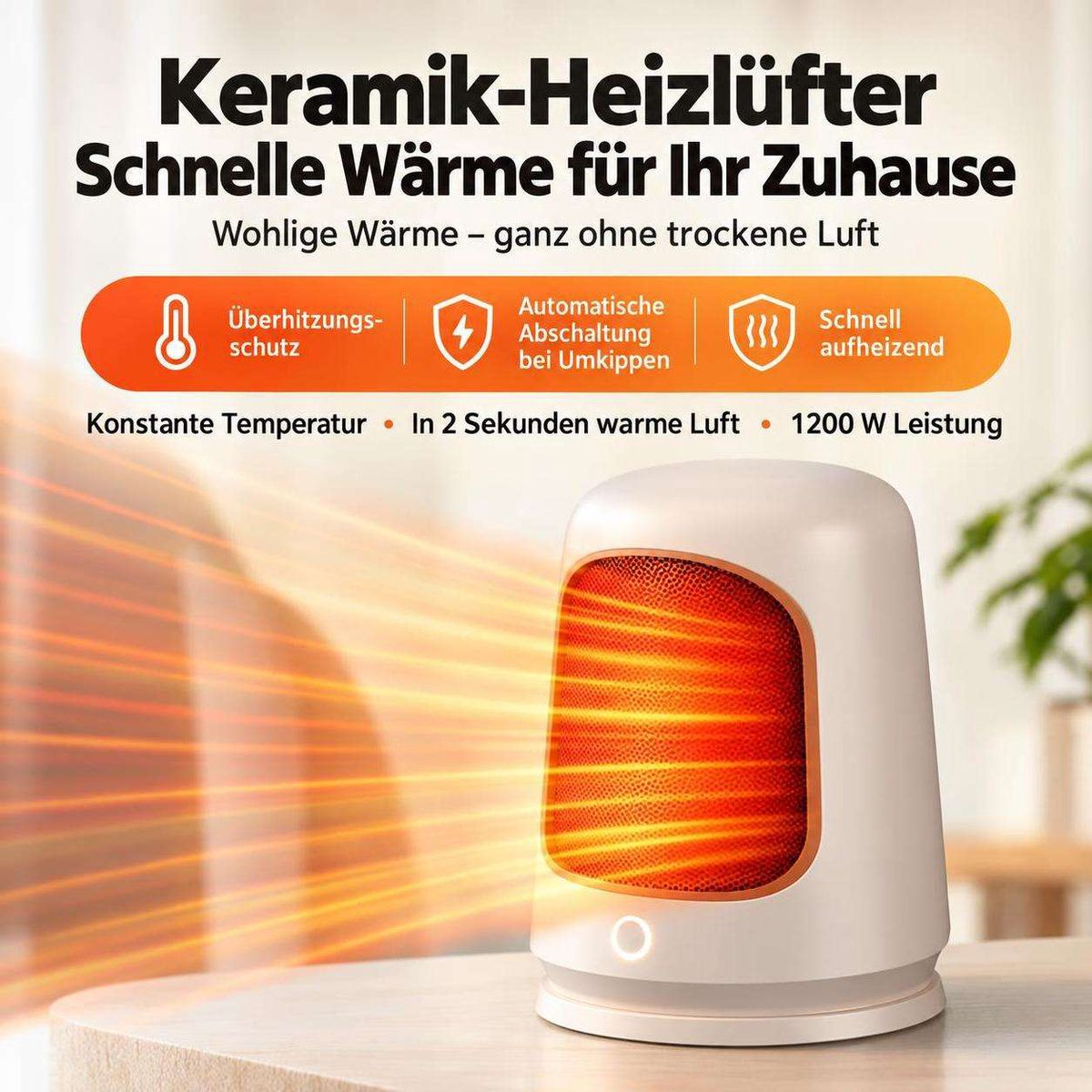 Ein weißer Keramik-Heizlüfter mit orangem Gitter strahlt warme Linien aus, umgeben von deutschen Werbetexten.