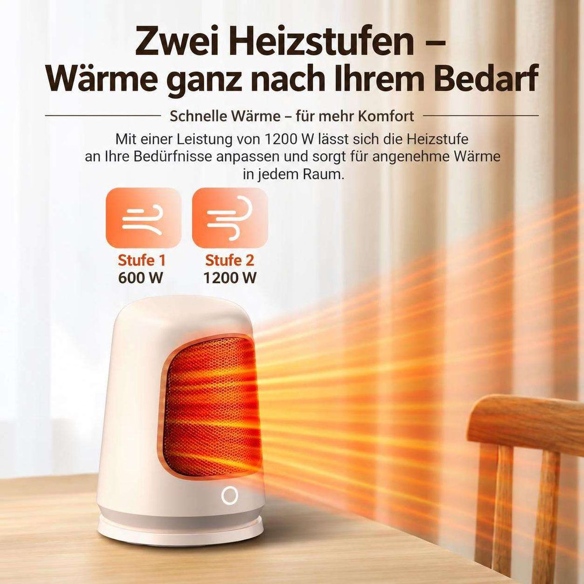 Ein weißer Heizlüfter auf einem Holztisch strahlt orangefarbene Wärmewellen aus, begleitet von deutschem Werbetext.