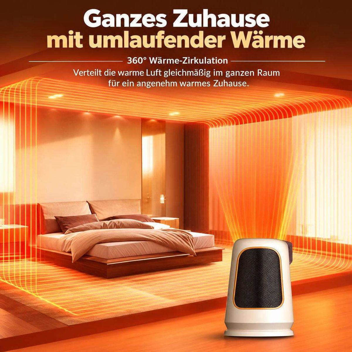 Ein tragbarer Heizlüfter in einem Schlafzimmer mit grafischer 360-Grad-Wärmezirkulation.