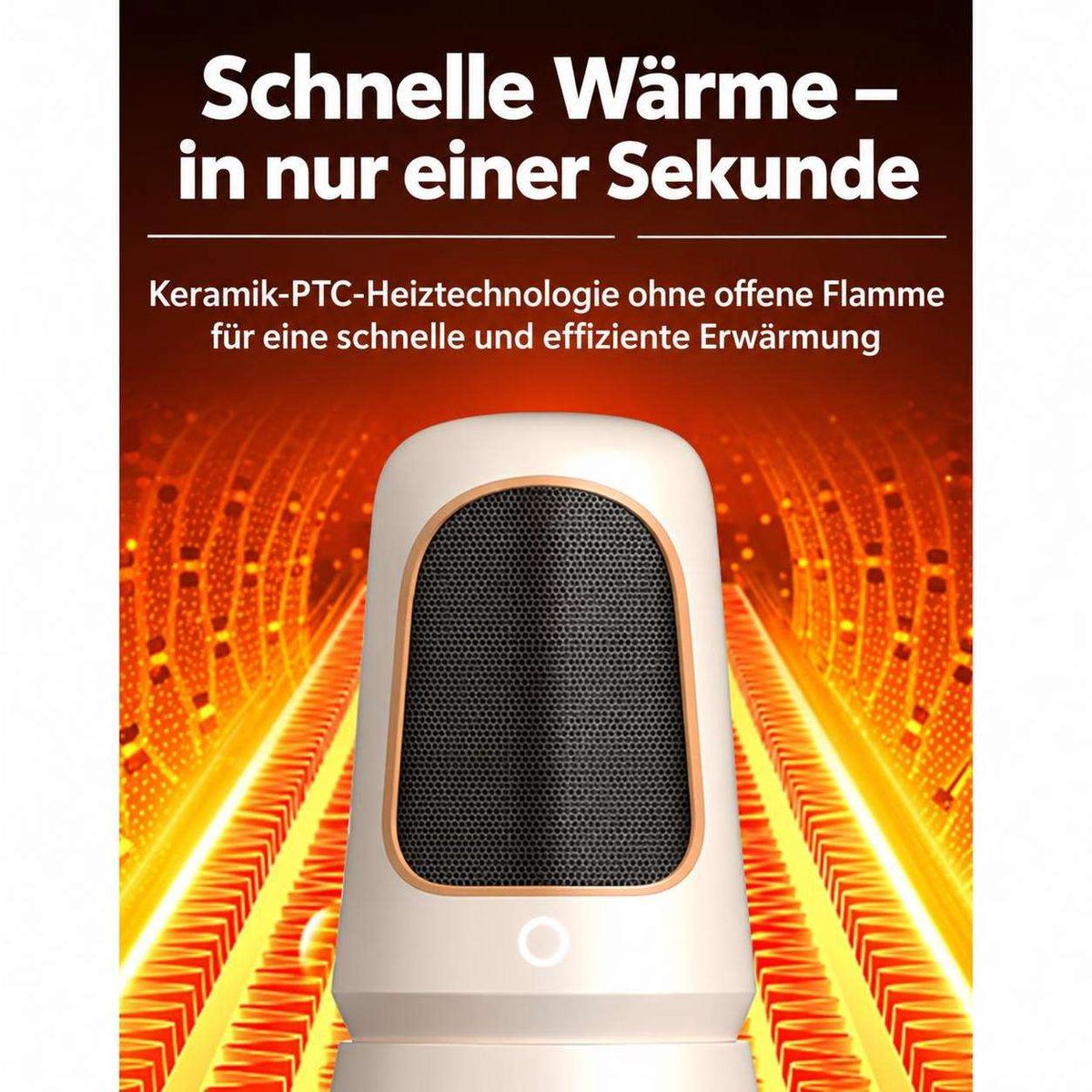 Weißer Keramikheizlüfter vor einem orangefarbenen Hintergrund mit deutschem Werbetext.
