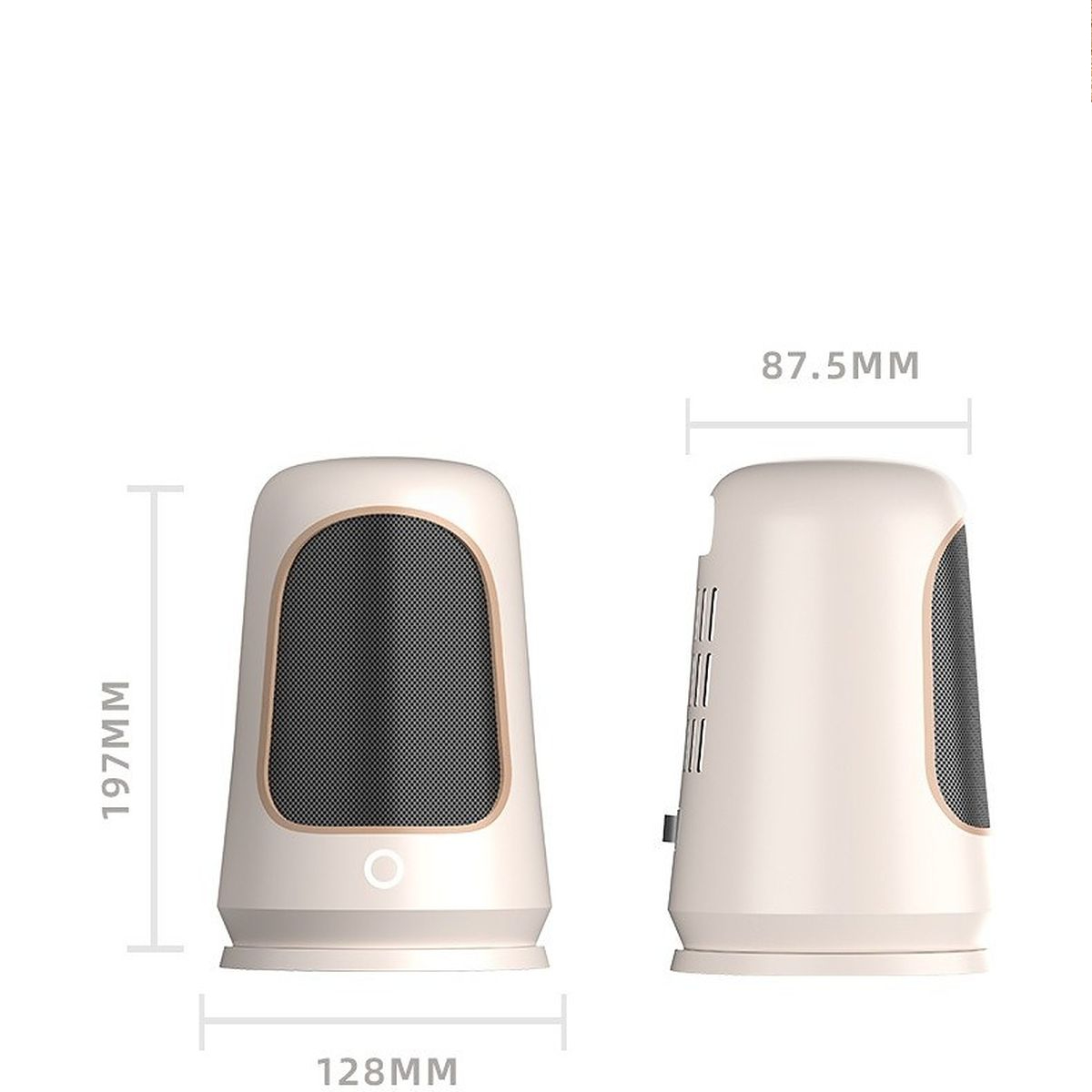 Technische Zeichnung eines tragbaren Mini-Heizlüfters mit Maßen in mm.