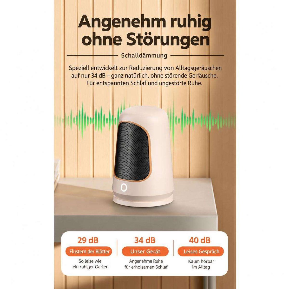 Ein weißer, leiser Raumheizer steht auf einem Holzschrank vor einer Holzvertäfelung mit deutscher Textwerbung.