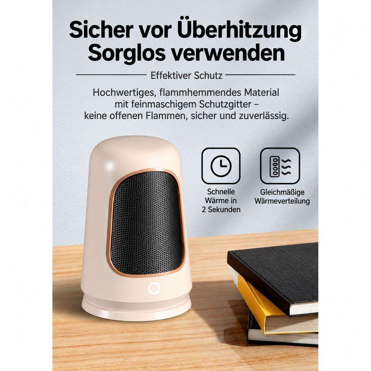 Kleiner weißer Heizlüfter auf einem Holztisch mit deutscher Infografik zu Sicherheit und schneller Erwärmung.
