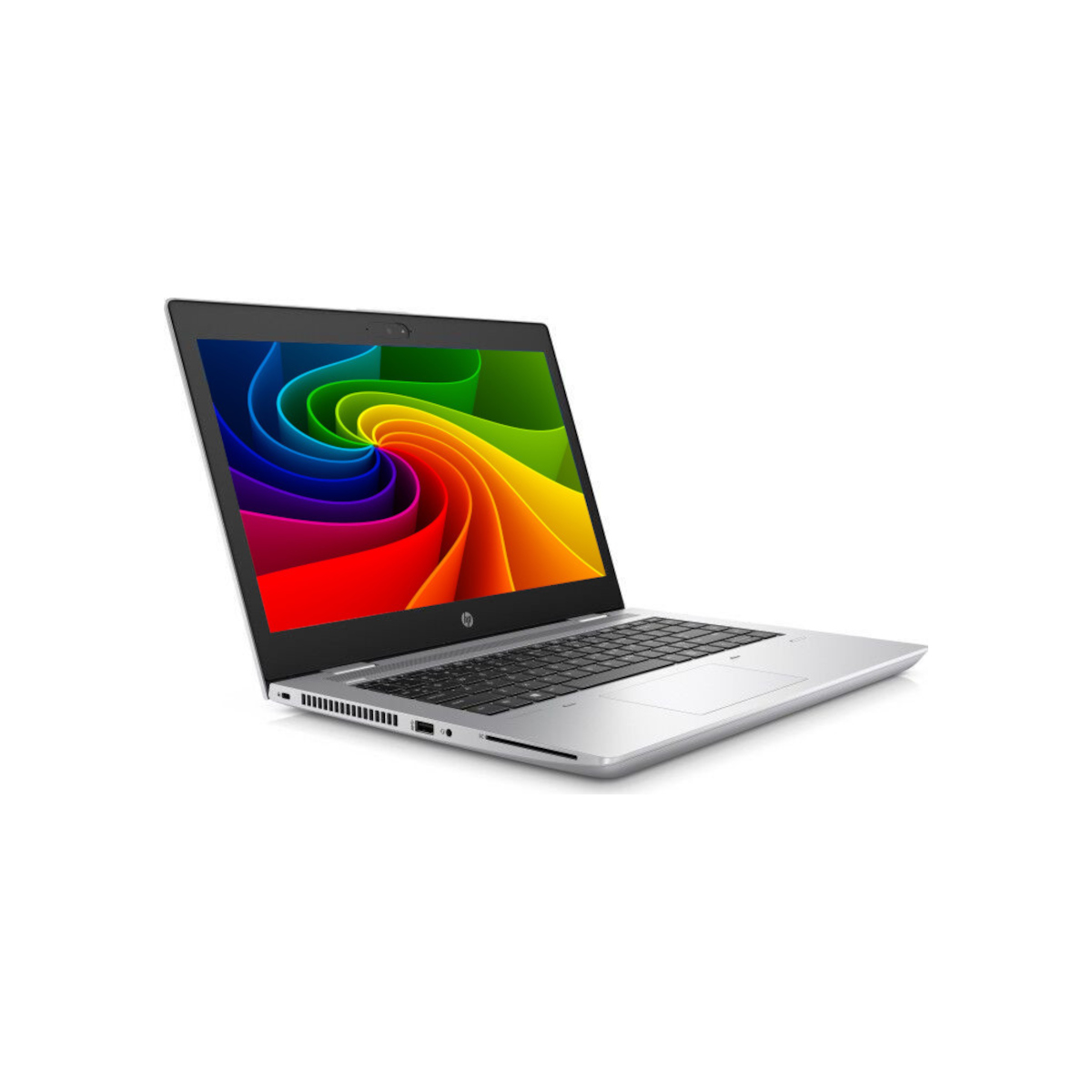 Ein silberner Laptop mit schwarzer Tastatur und einem bunten Strudelbildschirm auf weißem Hintergrund.