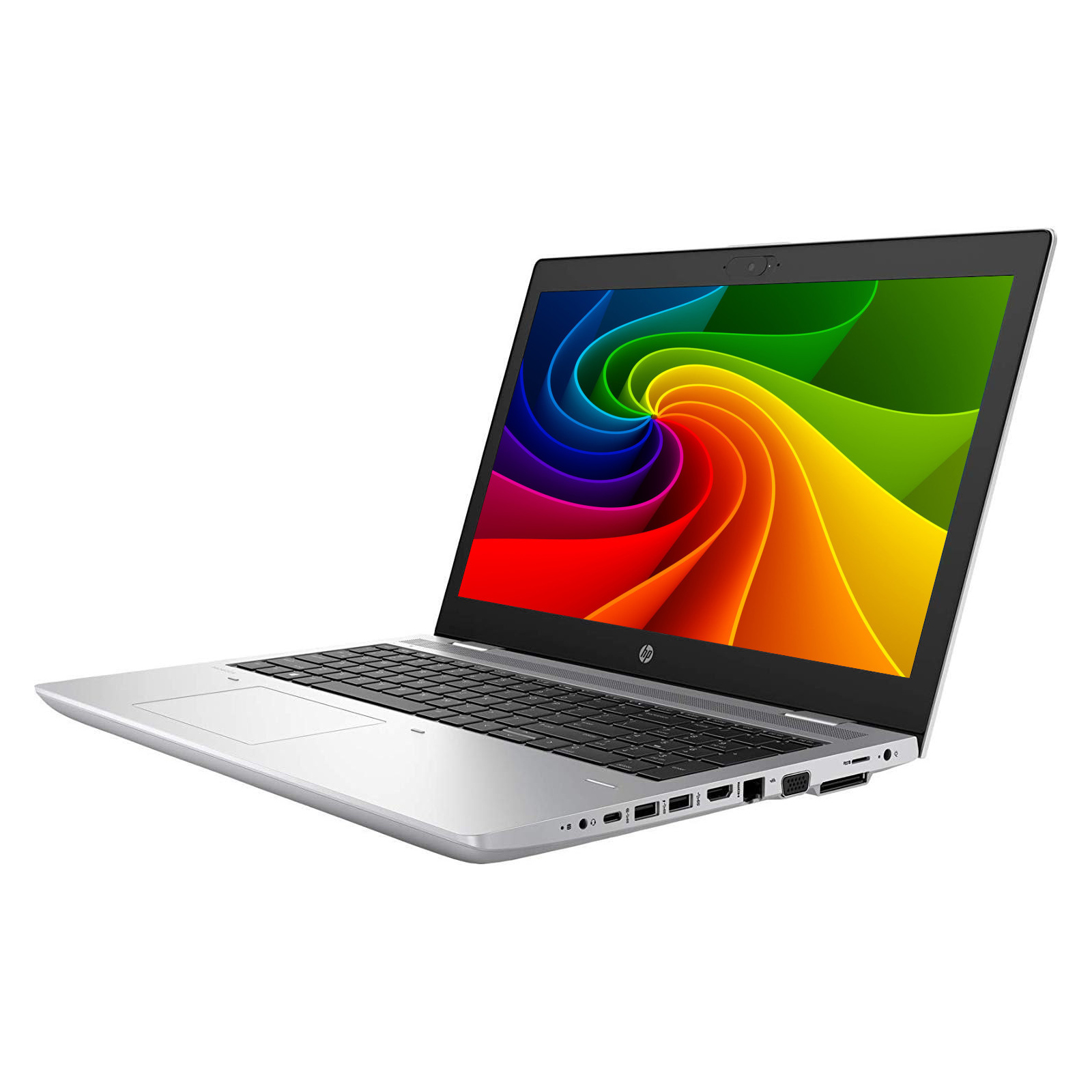 Ein silberner Laptop mit schwarzer Tastatur und einem bunten abstrakten Strudelbild auf dem Bildschirm vor weißem Hintergrund.