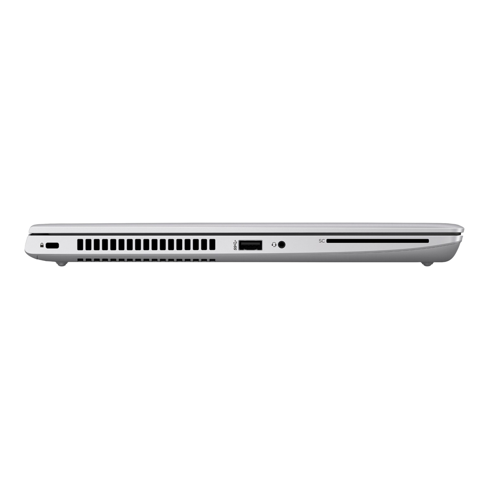 Seitenansicht eines silbernen Laptops mit Anschlüssen, Lüftungsschlitzen und Kartenleser.