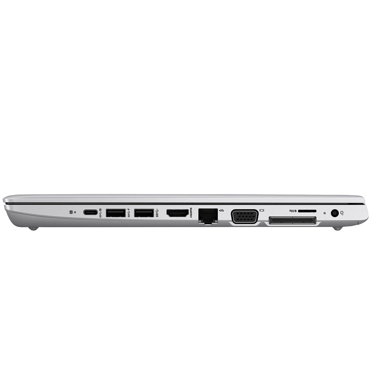 Seitenansicht eines silbernen Laptops mit verschiedenen Anschlüssen wie USB, HDMI, Ethernet und VGA.