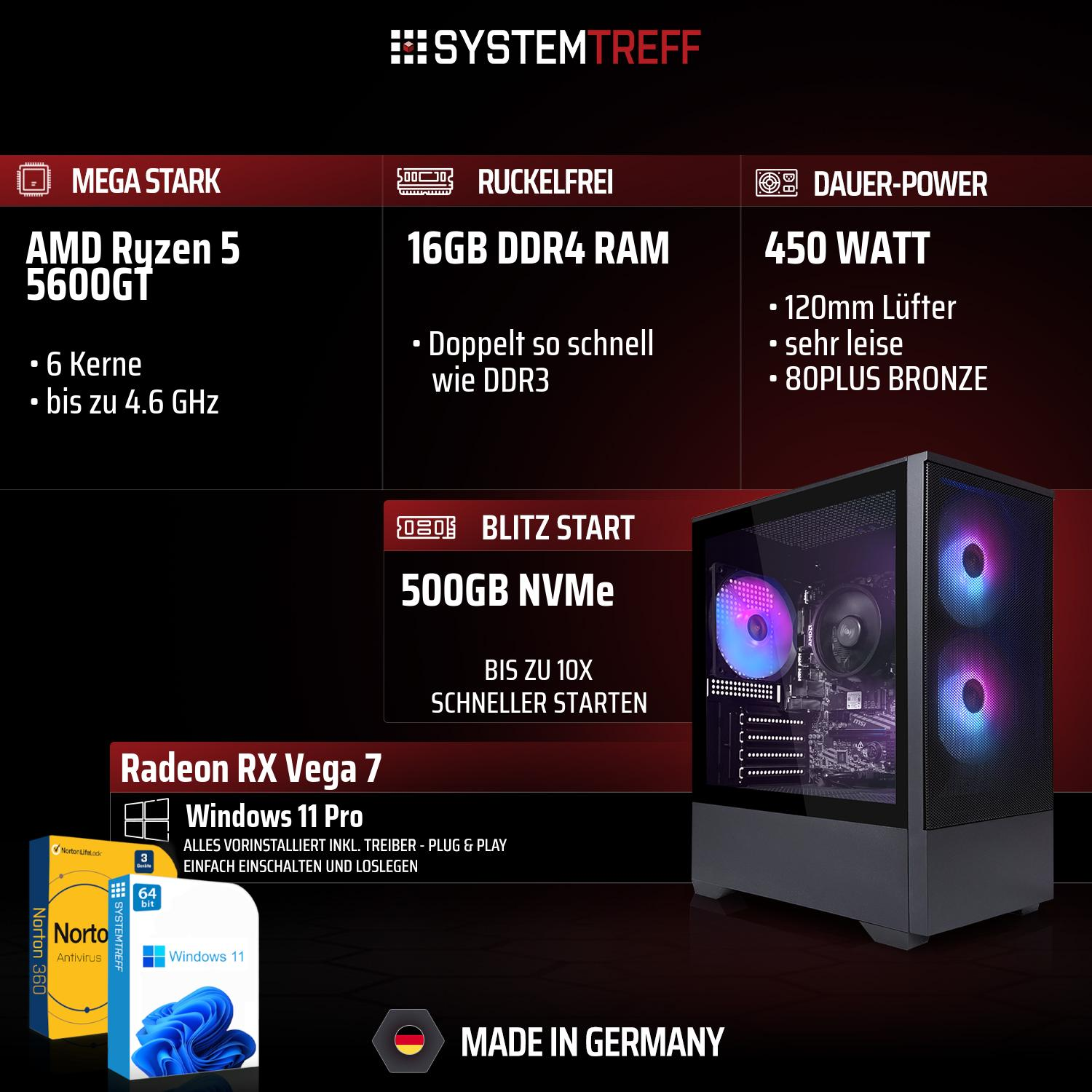 PC-Werbung mit AMD Ryzen 5, 16GB RAM, 500GB NVMe, Radeon RX Vega 7 und Windows 11 Pro.