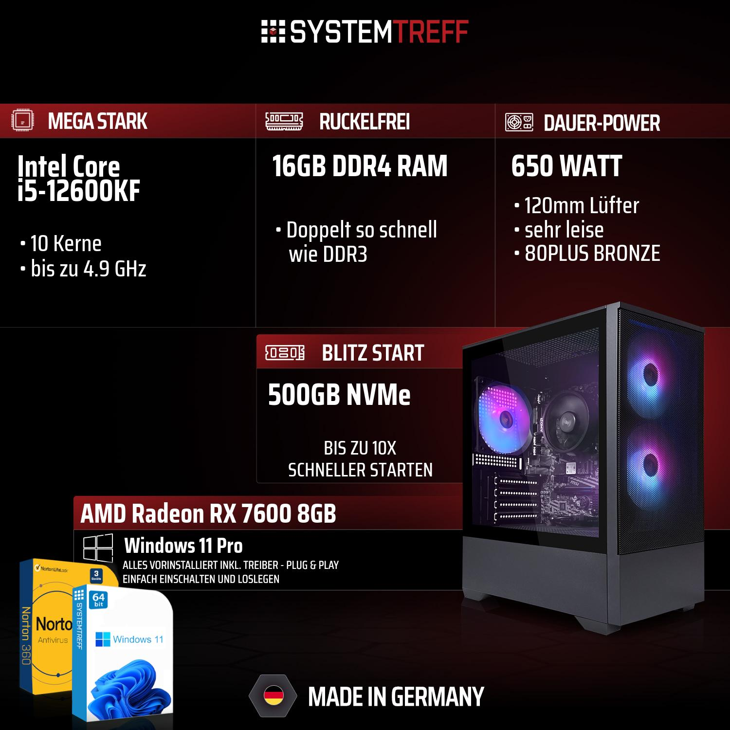 Gaming-PC-Anzeige mit Intel i5, 16GB RAM, 500GB NVMe, AMD Radeon RX 7600 und Windows 11 Pro.