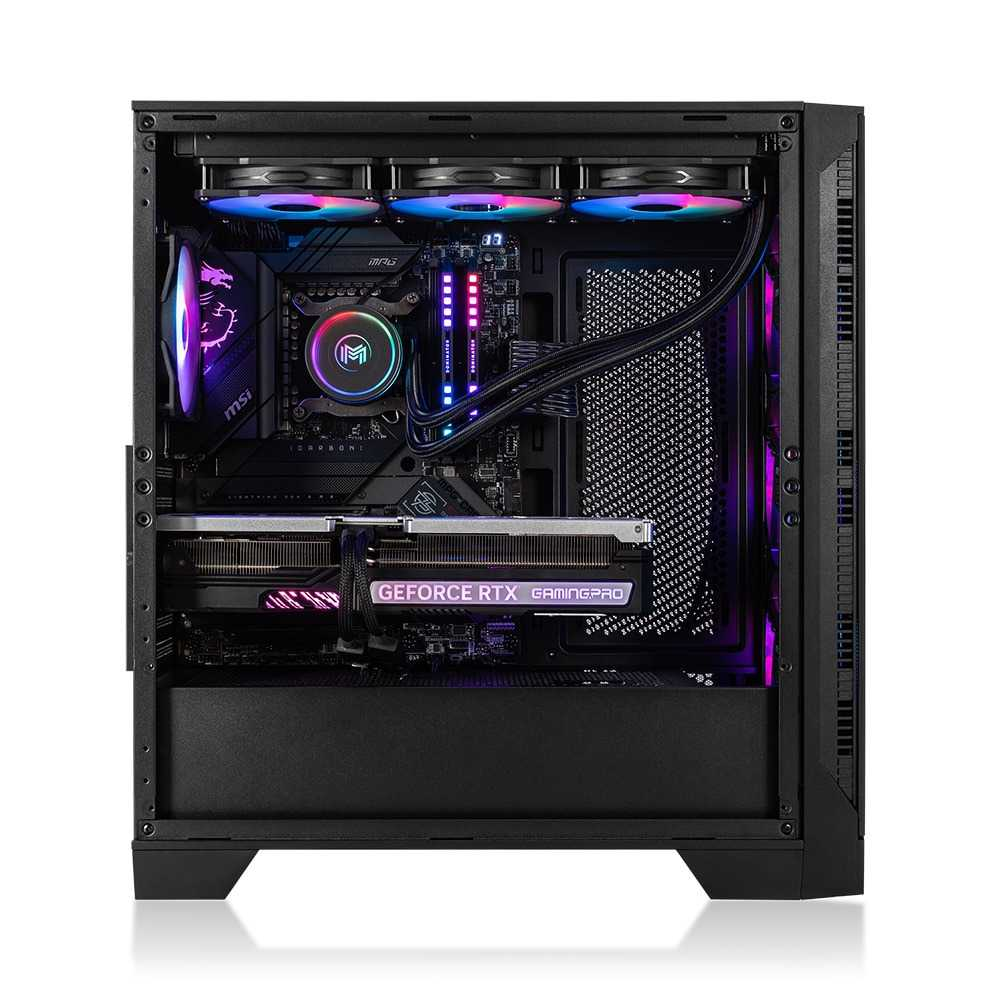 Ein schwarzer PC-Tower mit bunter RGB-Beleuchtung an den Lüftern und Komponenten im Inneren.