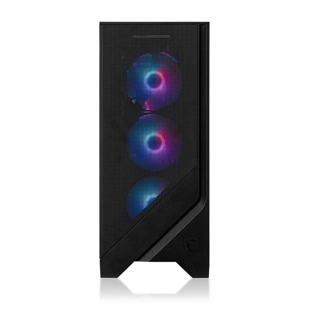 Schwarzes PC-Gehäuse mit Mesh-Front und drei beleuchteten RGB-Lüftern.
