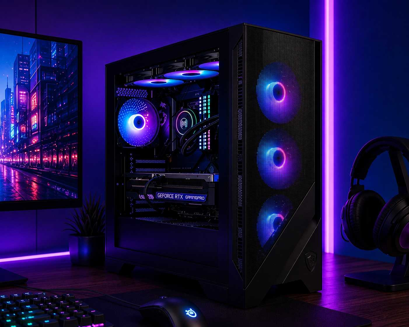 Gaming-PC mit blauer und lila RGB-Beleuchtung, Grafikkarte und Headset.