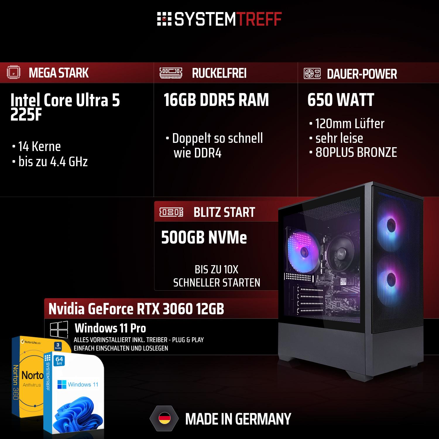 PC-Werbung mit Intel Core Ultra 5, RTX 3060, 16GB RAM, 500GB NVMe und Windows 11 Pro auf dunklem Hintergrund.