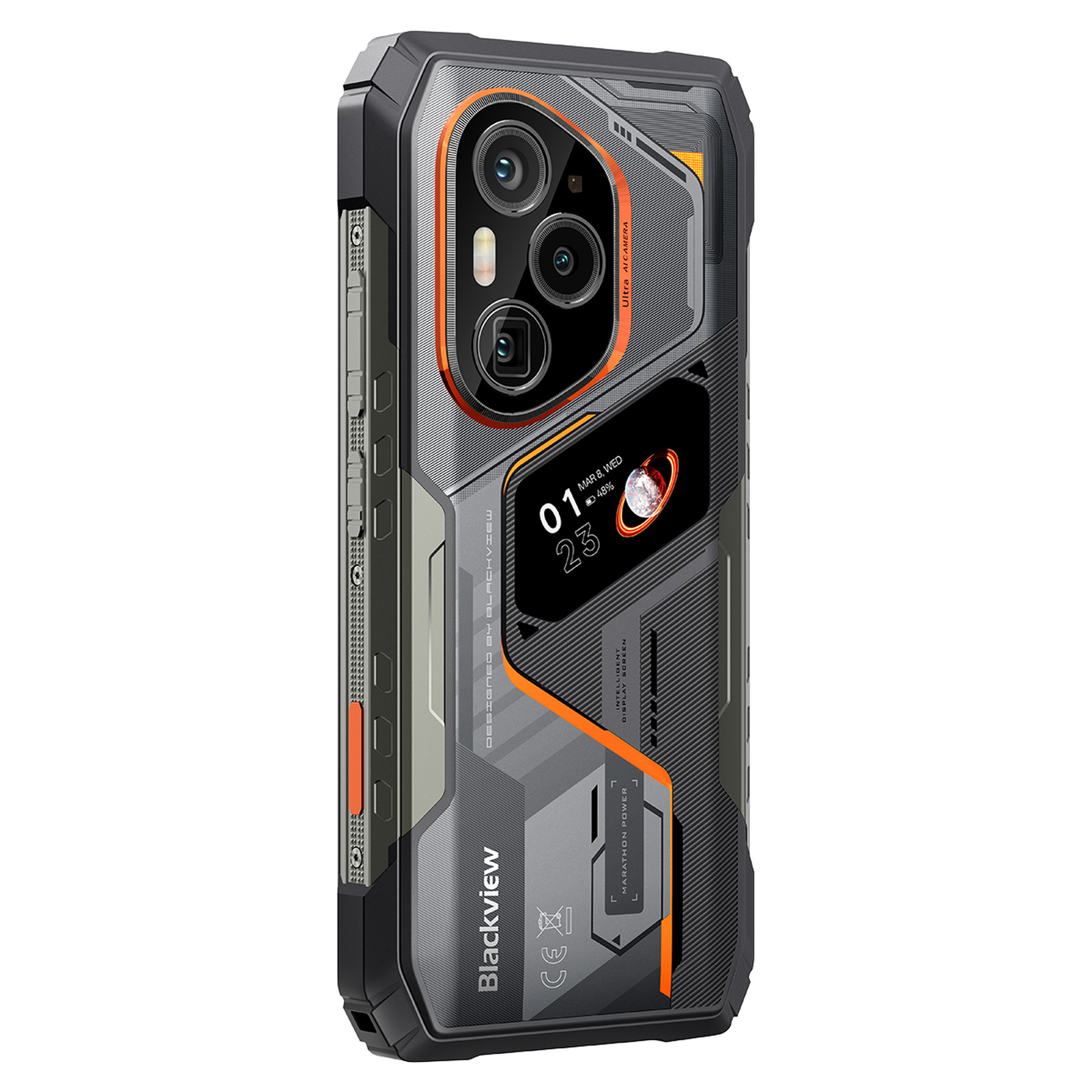 Resistente parte trasera de smartphone gris y negro con módulo de cámara circular, detalles naranjas y pantalla pequeña.