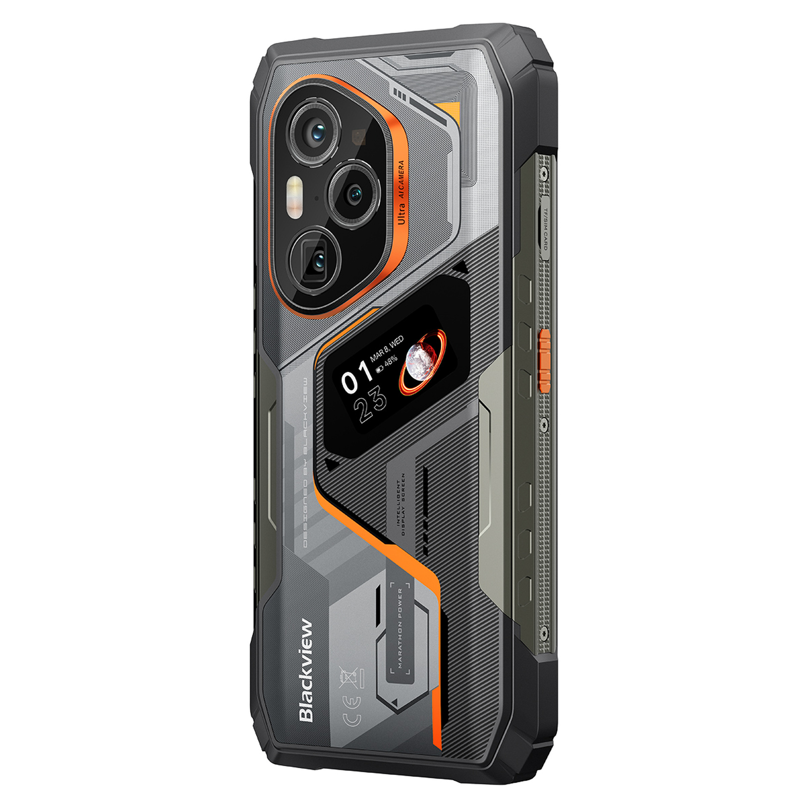 Parte trasera de un teléfono resistente Blackview con cámara triple, pantalla secundaria y diseño naranja y gris.