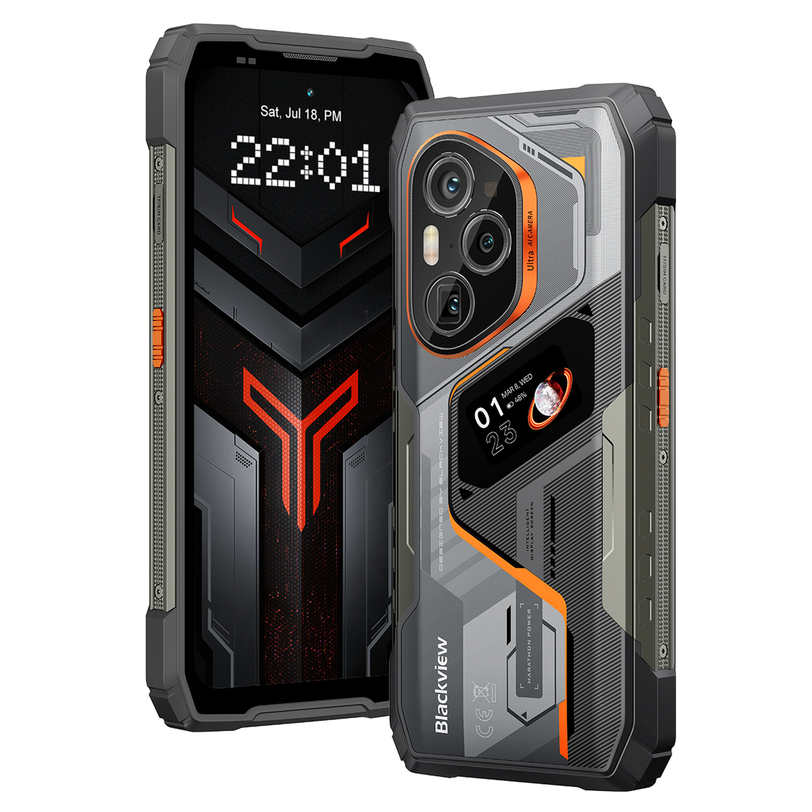 Smartphone resistente gris y naranja con doble pantalla y módulo de cámara.