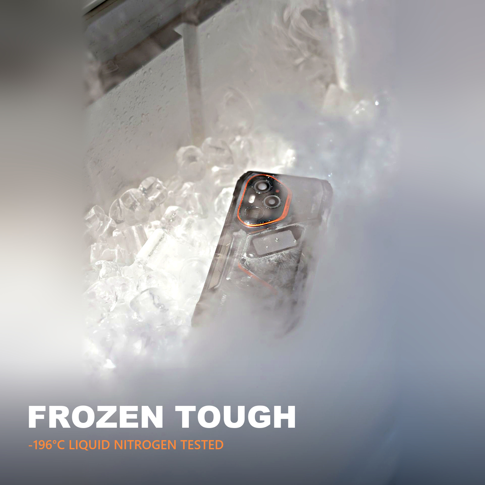 Un teléfono resistente rodeado de hielo y vapor, etiquetado como Frozen Tough -196 °C Liquid Nitrogen Tested.