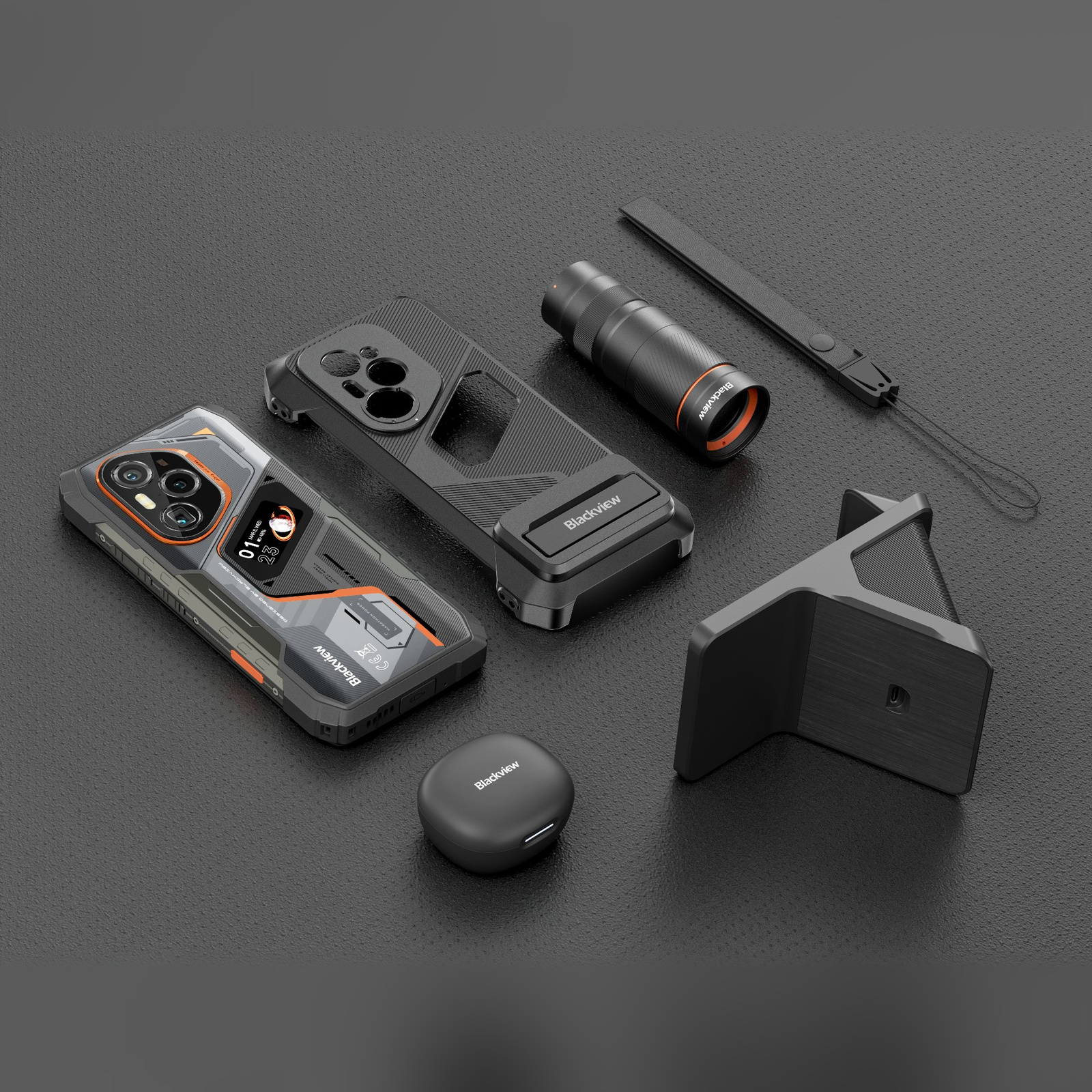 Un smartphone resistente Blackview con accesorios que incluyen funda, auriculares, linterna, soporte y correa.