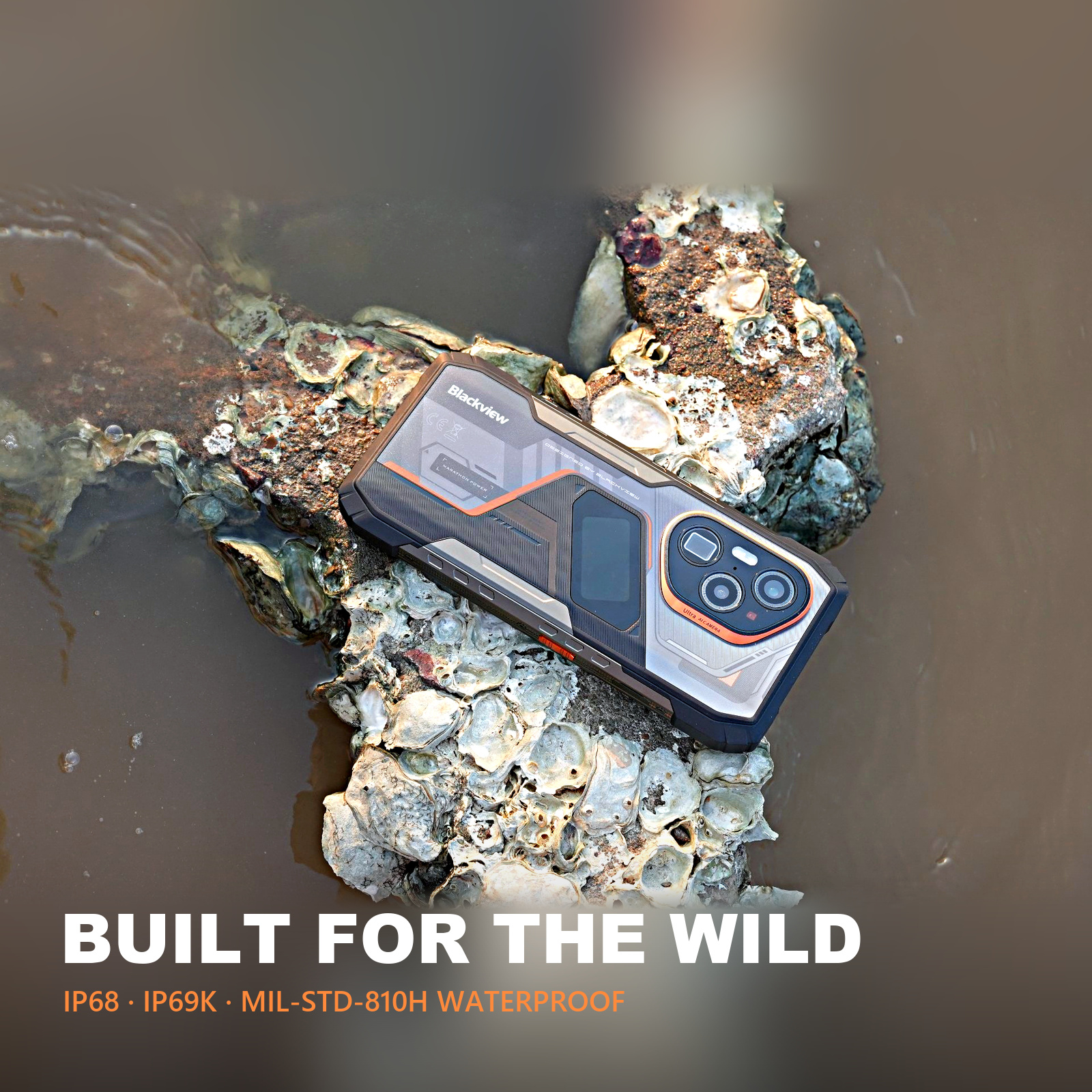 Un teléfono resistente Blackview apoyado sobre una roca cubierta de ostras en agua poco profunda.
