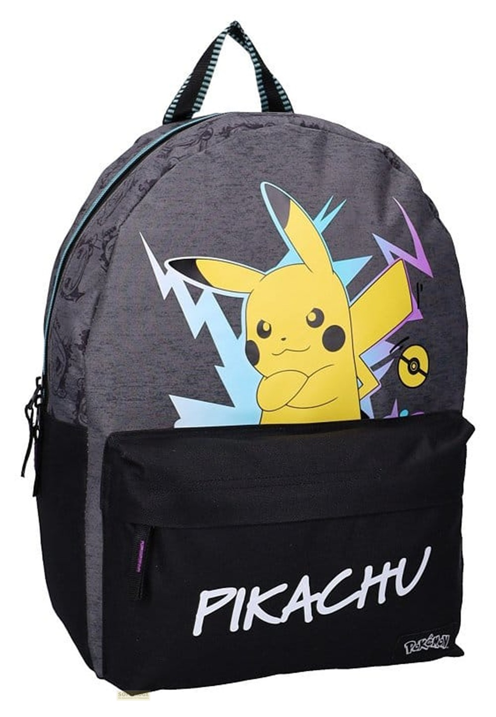 Grauer und schwarzer Pokémon-Rucksack mit Pikachu-Illustration und weißem Text auf der Vordertasche.