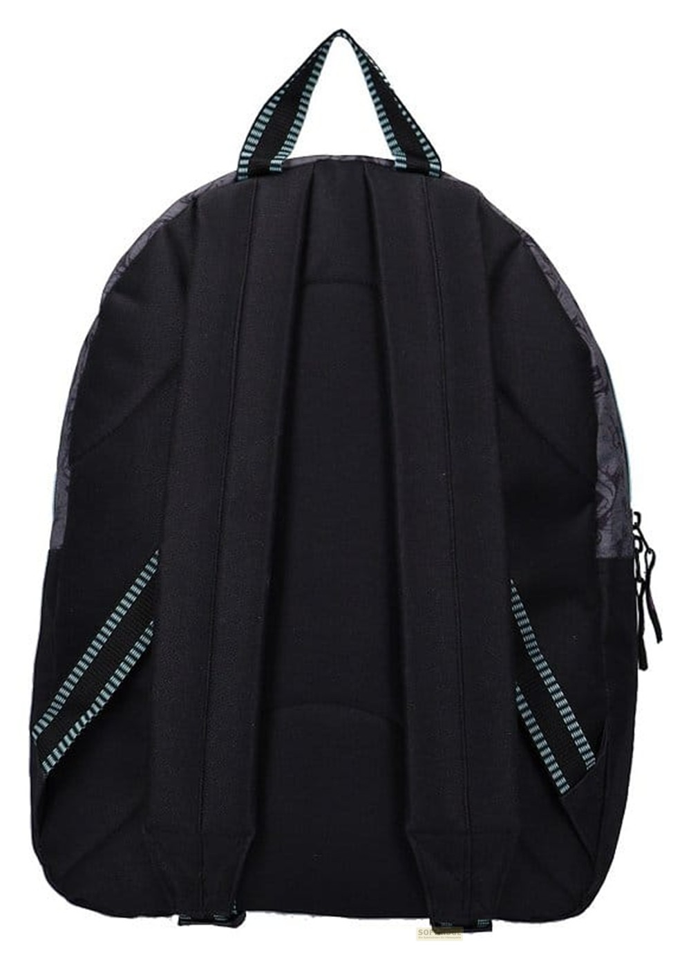 Ein schwarzer Rucksack mit gepolsterten Schultergurten und einer Aufhängeschlaufe vor weißem Hintergrund.