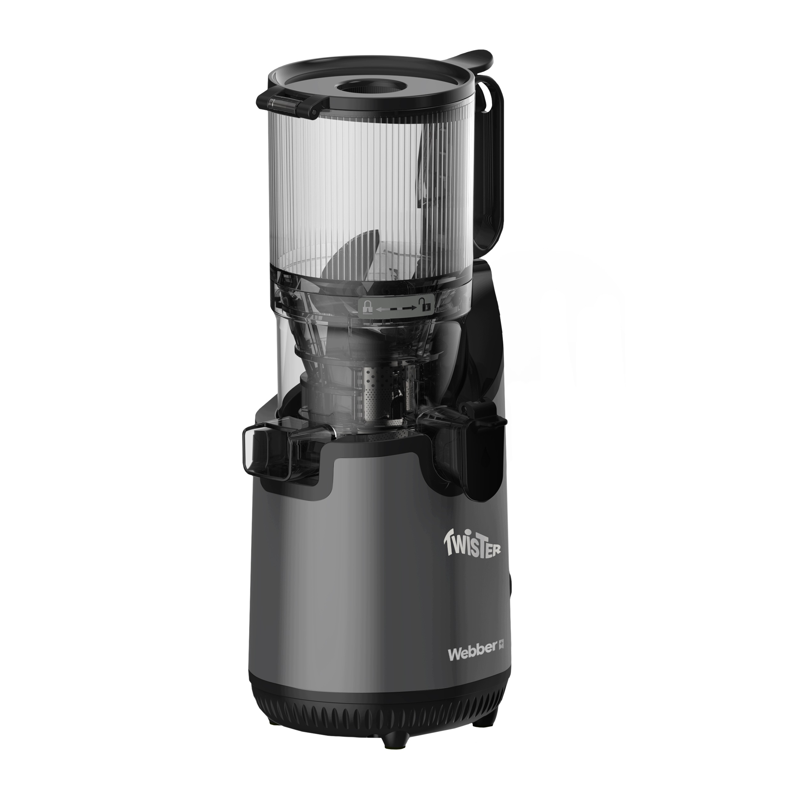 Un estrattore di succo Webber Twister grigio con contenitore trasparente su sfondo bianco.