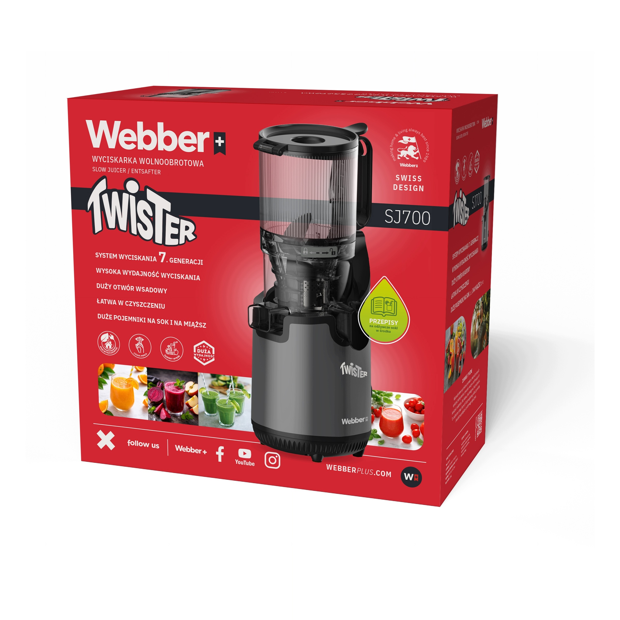 Scatola di imballaggio rossa di un estrattore di succo lento Webber Twister grigio.