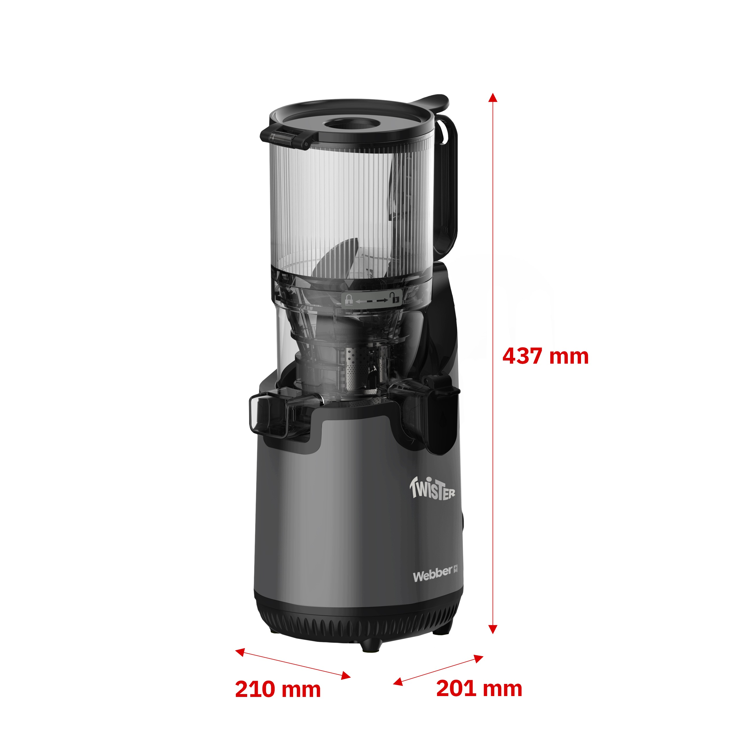 Estrattore di succo nero con contenitore trasparente e quote rosse che indicano altezza 437 mm, larghezza 210 mm, profondità 201 mm.