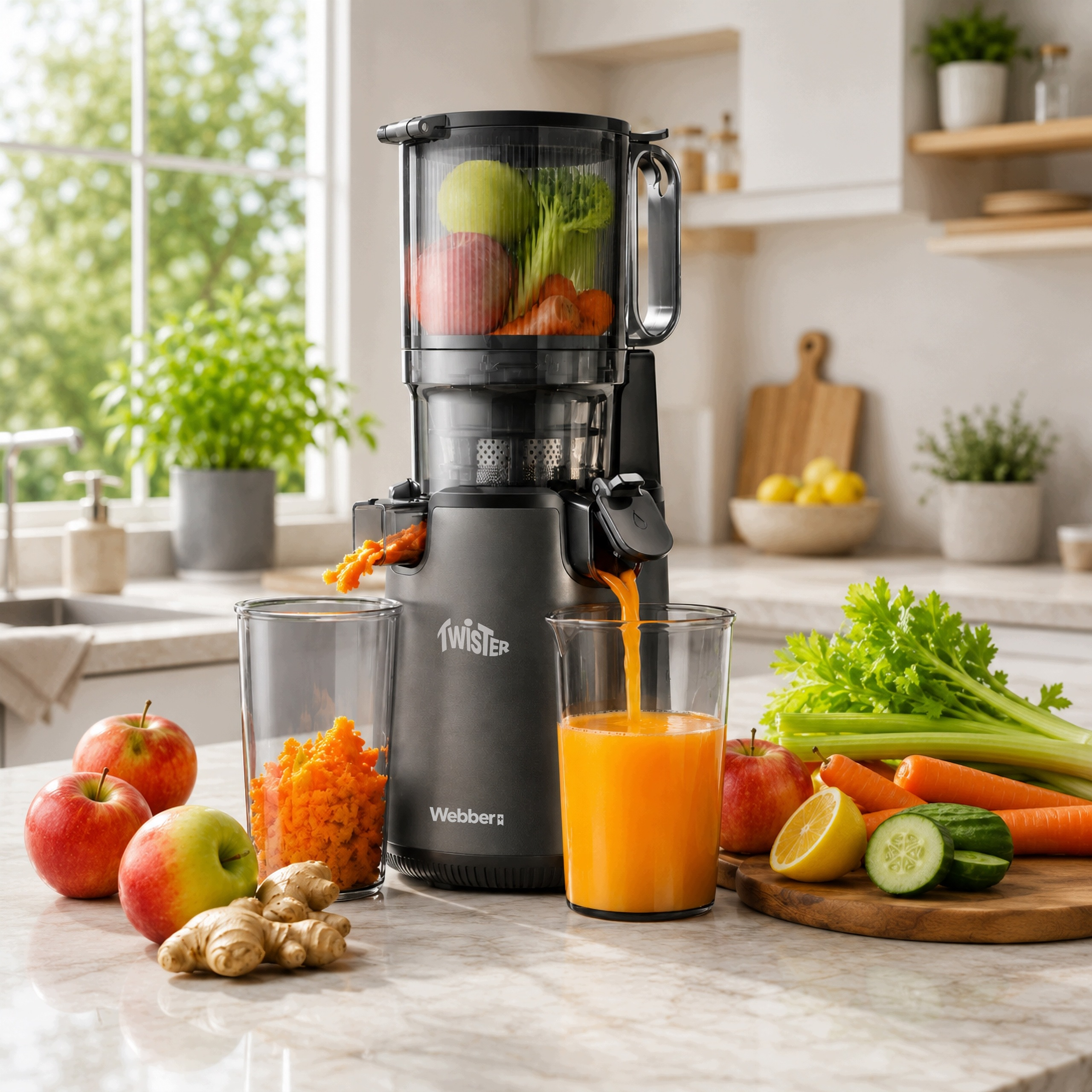 Un estrattore di succo nero su un piano da cucina spreme succo d'arancia fresco, circondato da frutta e verdura.