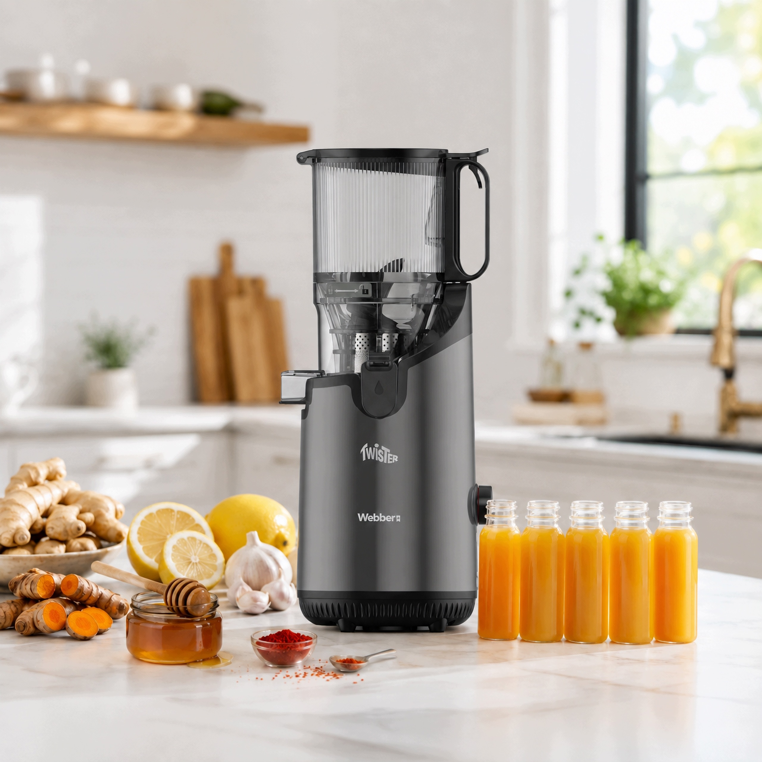 Un estrattore nero su un piano cucina con zenzero, limoni, miele e cinque piccole bottiglie di succo d'arancia.