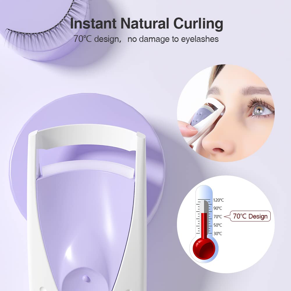 Lila Wimpernzange mit 70°C Design und Text "Instant Natural Curling" auf hellviolettem Hintergrund.