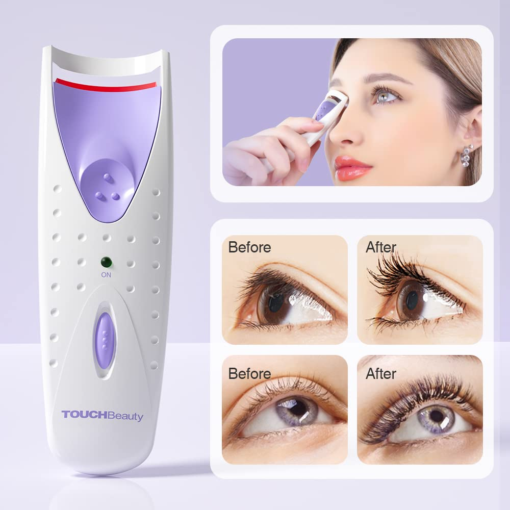 Wiederaufladbare Wimpernzange mit vorher-nachher Vergleich der Wimpern.