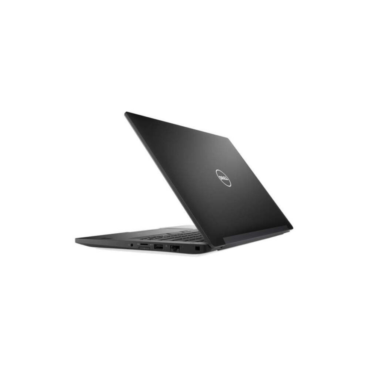 Ein schwarzer Dell-Laptop steht auf einer weißen Oberfläche, gesehen von hinten rechts mit sichtbaren Anschlüssen.