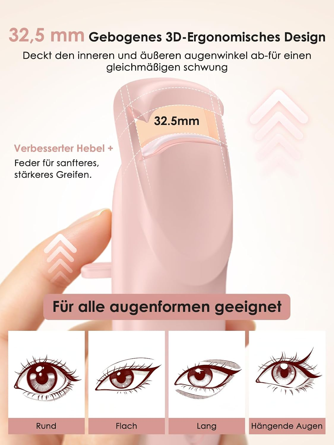 Rosa Wimpernzange mit 32,5 mm Kurve, Text und vier Augenformen unten.