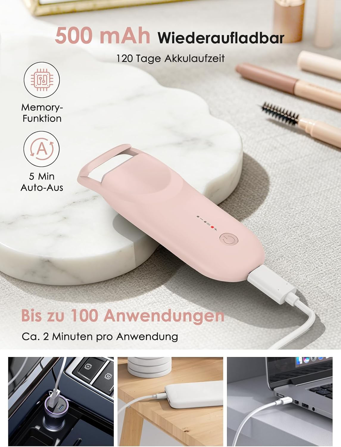 Eine pinke beheizbare Wimpernzange an einem weißen Ladekabel auf einer Marmorplatte mit Kosmetik.