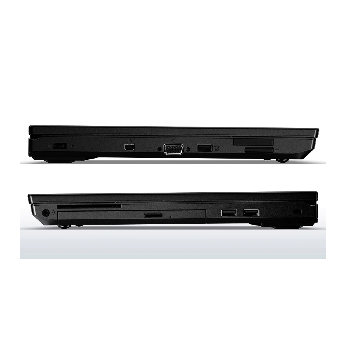 Seitenansichten eines schwarzen Laptops mit verschiedenen Anschlüssen auf einer weißen Fläche.