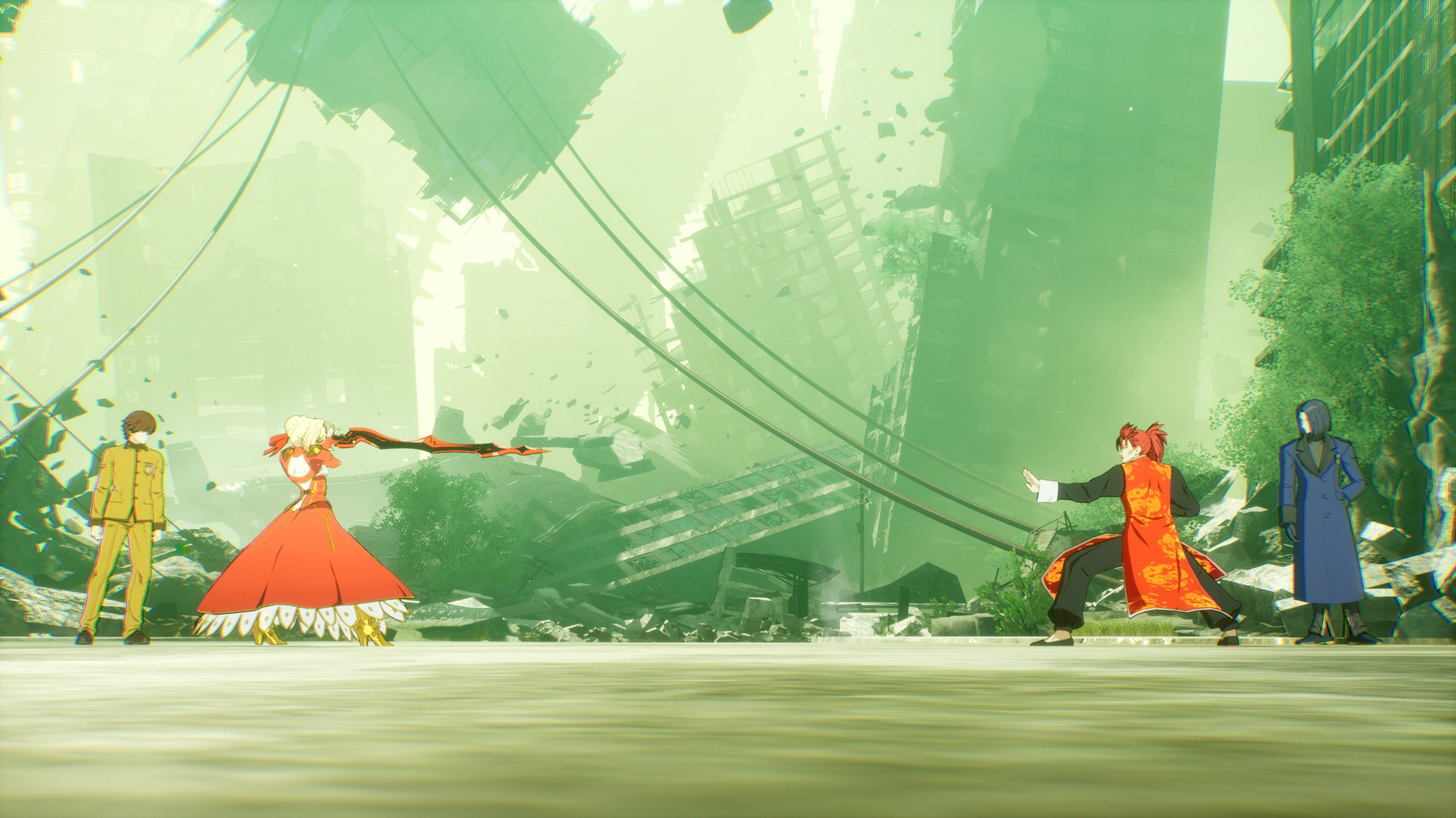 Cuatro personajes de estilo anime se enfrentan en un paisaje urbano en ruinas y teñido de verde.