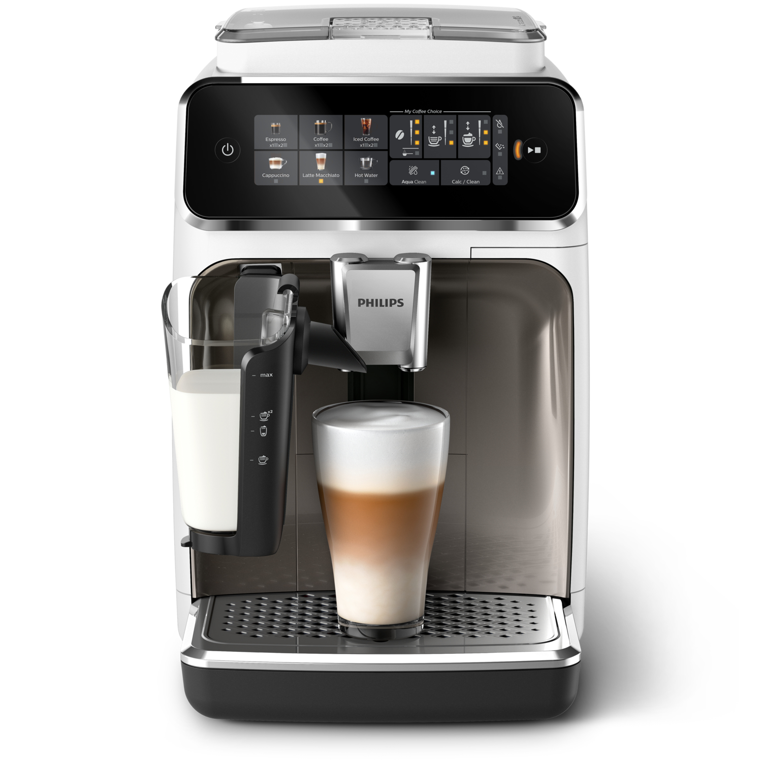 Una macchina da caffè Philips bianca e nera con un bicchiere di latte macchiato e un contenitore di latte sul vassoio.