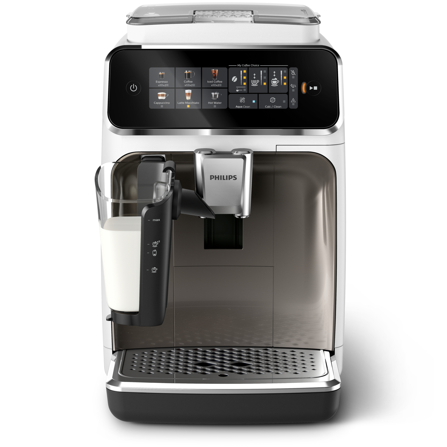 Vista frontale di una macchina per caffè espresso Philips bianca e nera con contenitore per il latte e touch screen.