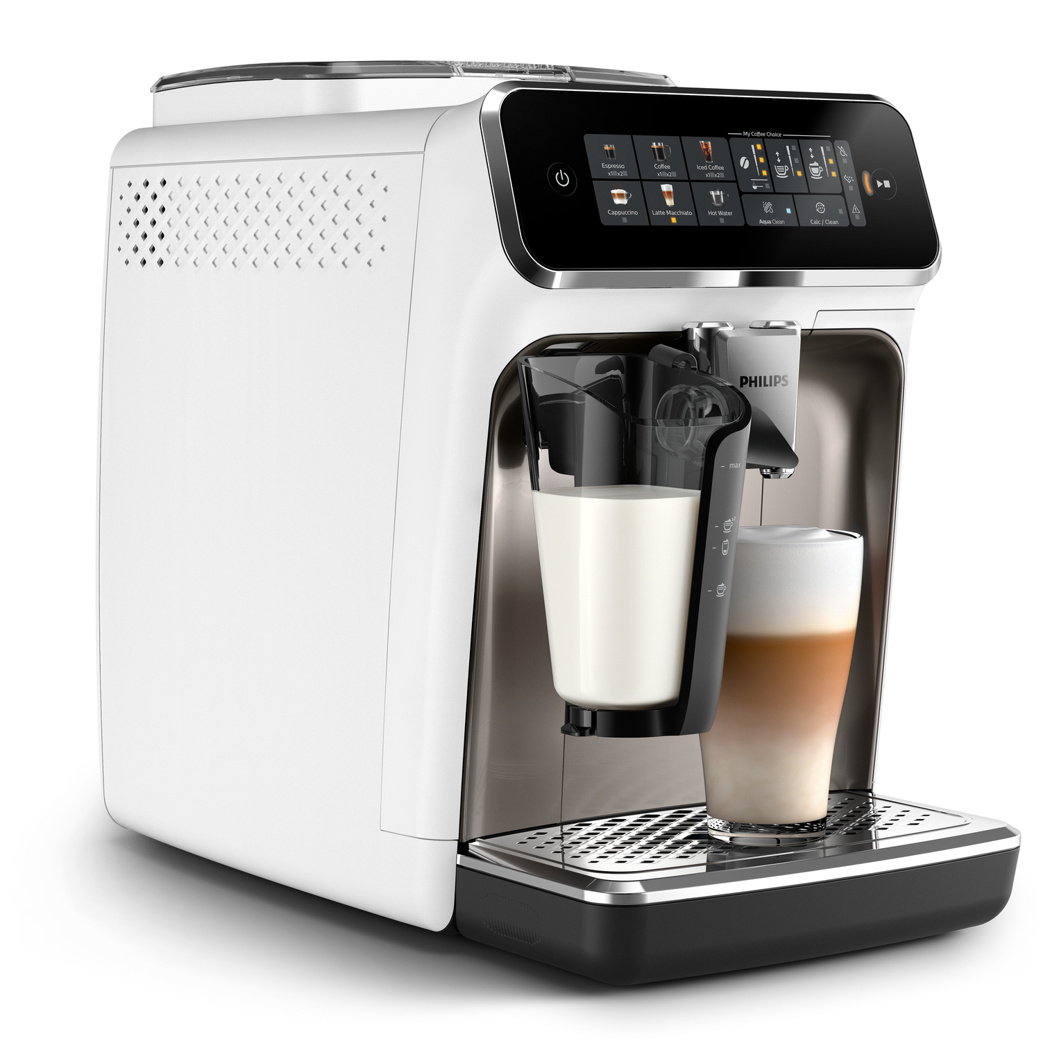 Una moderna macchina da caffè Philips bianca e nera con caraffa per il latte e un bicchiere di latte macchiato.